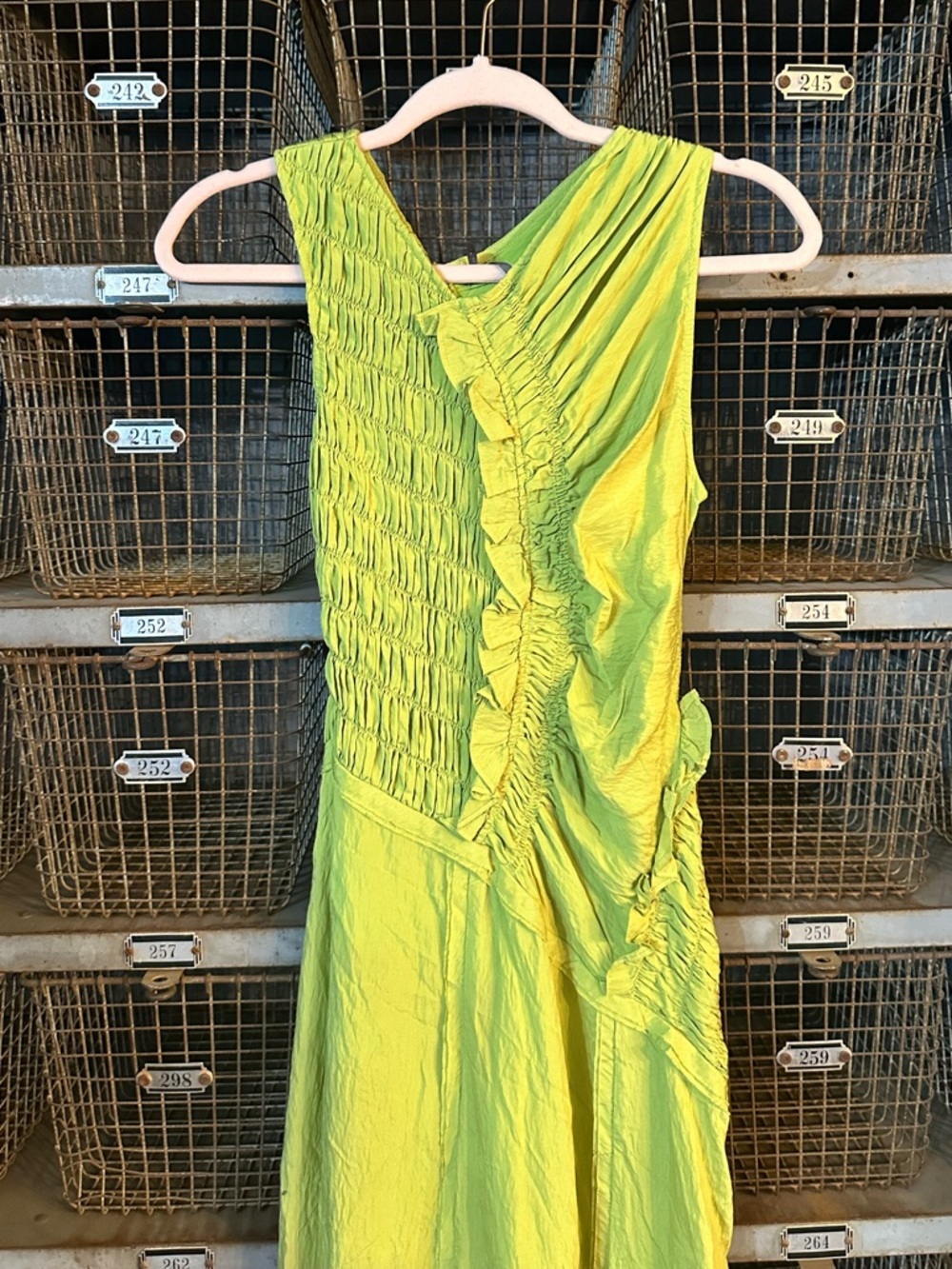 Anthropologie Lime Green Asymmetrical Smocked Bodice Midi Dress 38544 - Picture 6 of 12